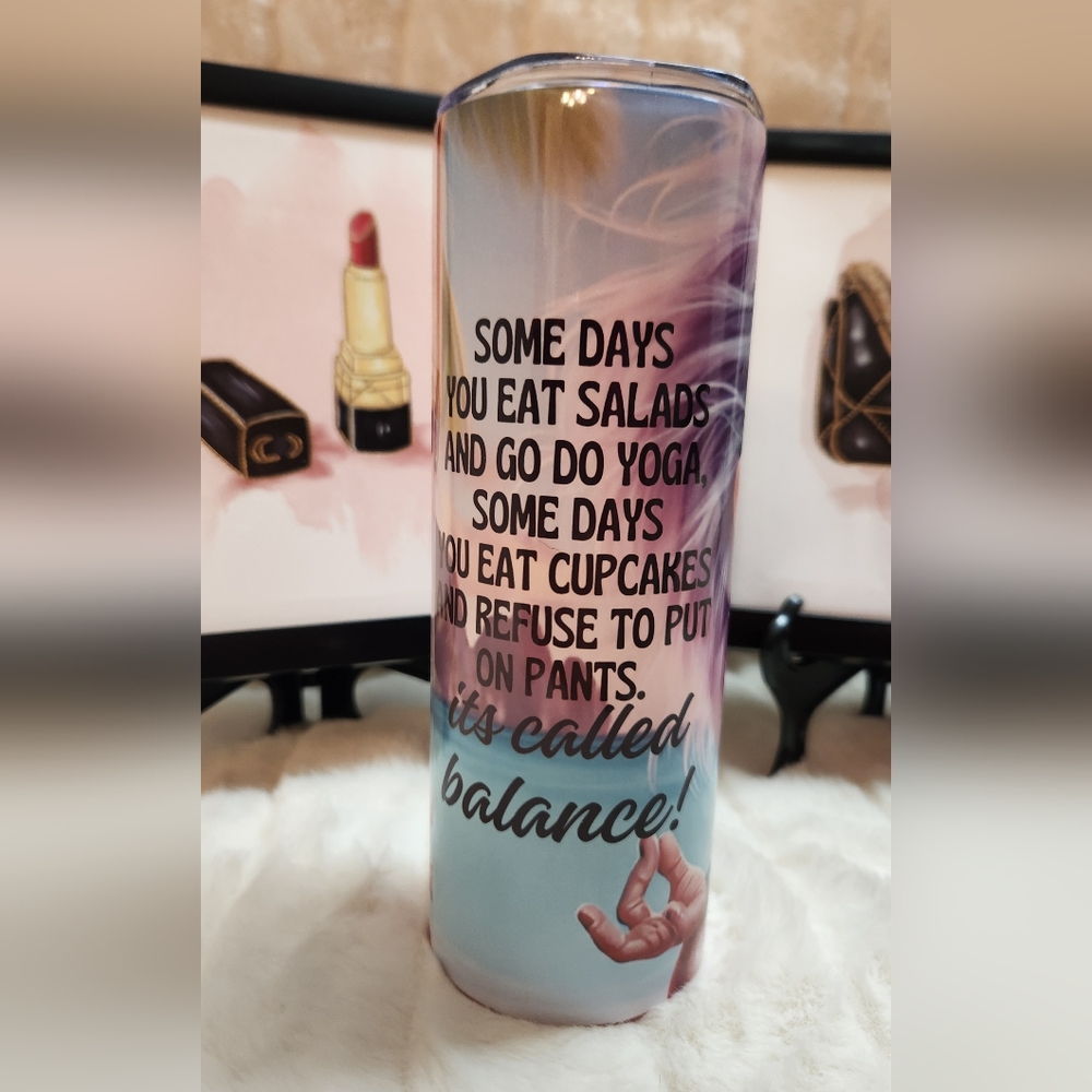 Colorful Cartoon Older Woman Character Doing YOGA Tumbler. Hand Crafted 20oz - Picture 4 of 7